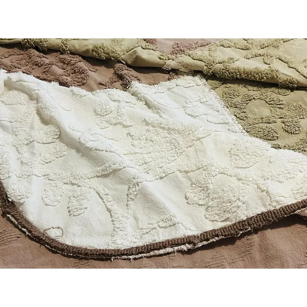 Vintage Mauve Tan Chenille Bedspread King Cream Block coverlet Cottage Grannycor